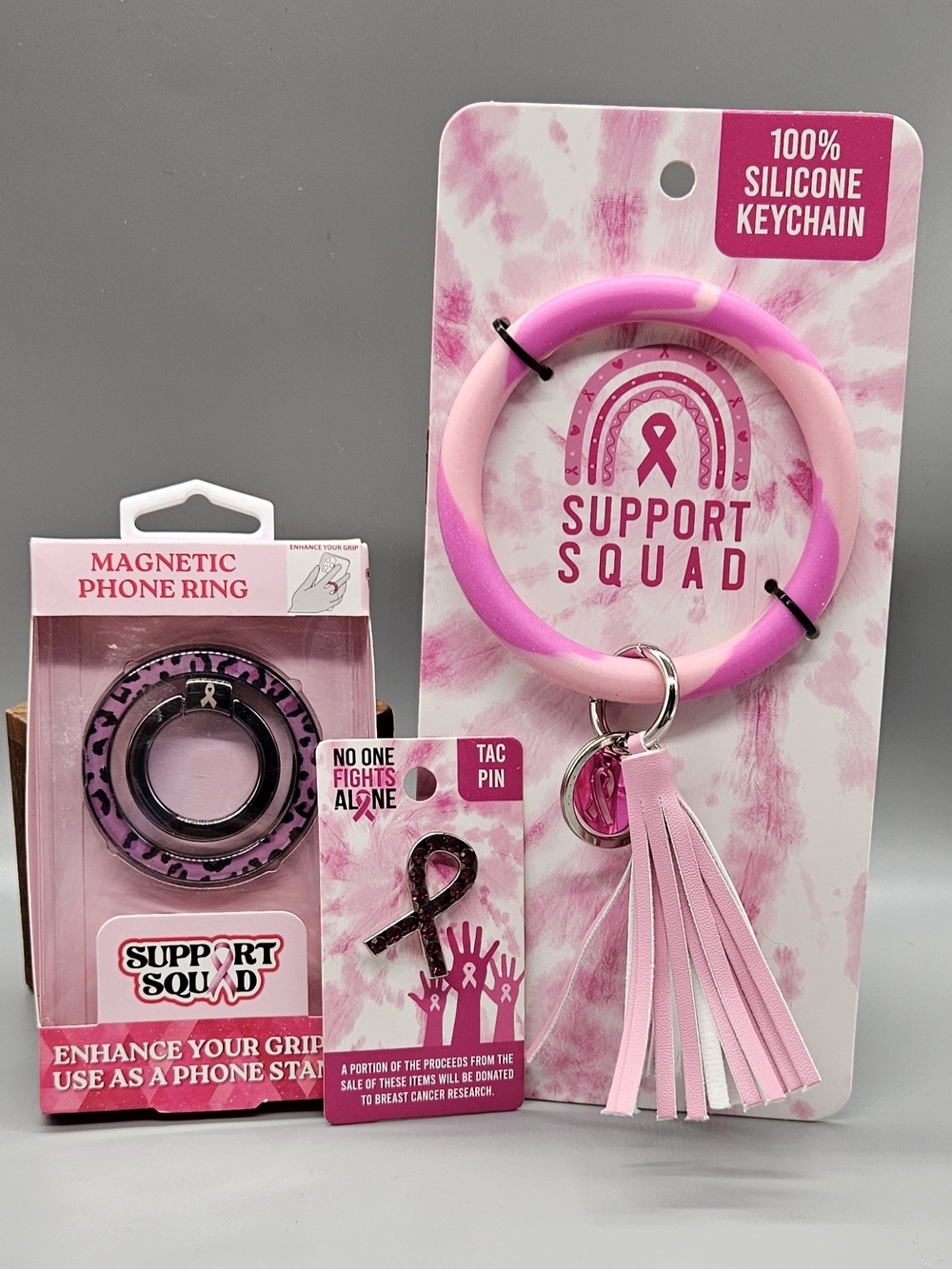 Breast Cancer Awareness Silicone Keychain Wristlet, Magnetic Phone Ring & Pin